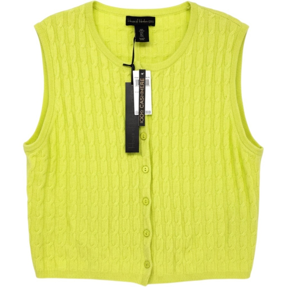 House of Harlow 1960 Cashmere Vest Women L Green Cable Knit Preppy Quiet Luxury